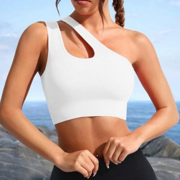 One Shoulder Cut Out Crop Sports Bra athleisure active white - Picture 1 of 5